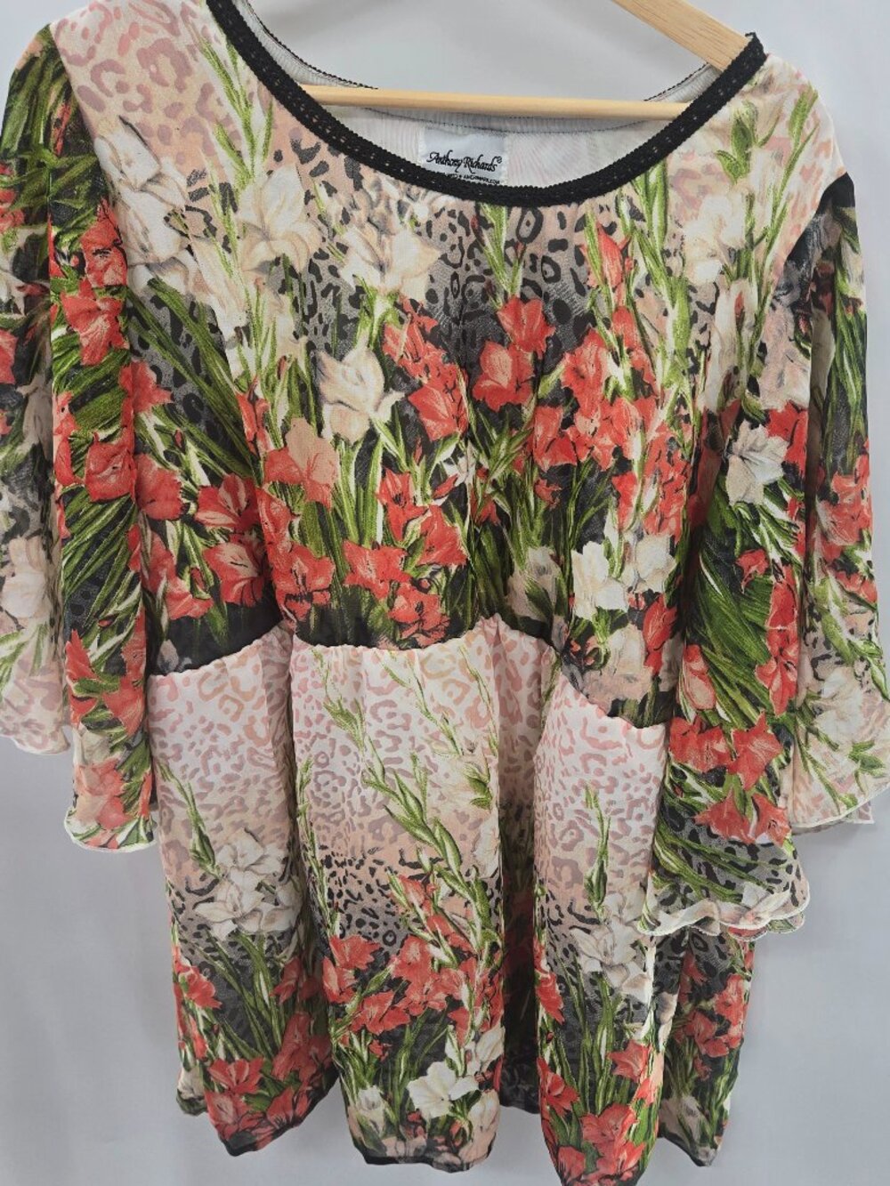 Anthony Richards Mixed Floral Leopard Print Tunic Blouse Size 1x